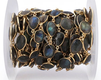Labradorite Gemstone Bezel Connector Chain, Gold Plated Brass, Jewelry Making