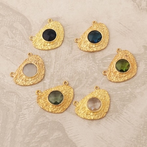 Gold Textured Gemstone Pendant, Oval Connector Charm, Handmade Jewelry Supply, Bezel Set Stone Pendant, DIY Necklace Making.