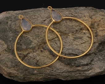 Onyx, Chalcedony Gemstone Earring Pairs, Gold Plated Bezel Set Components Connector Charms, Pear Shape Gemstone Hoop Style Earring GJ-2135
