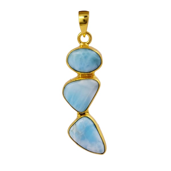 Handmade Larimar Gemstone Pendant: Gold Plated Boho Jewelry