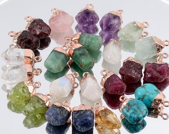 Raw Gemstone Charm Gold Plated Birthstone Charm Healing Crystal Charm Pendant Rose Quartz Moonstone Emerald Ruby Boho Jewelry DIY Charms