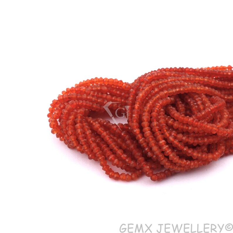 3-4mm Micro Faceted Gemstone Beads 13 Inches Long. BDS3-16 Carnelian Rondelle Beads