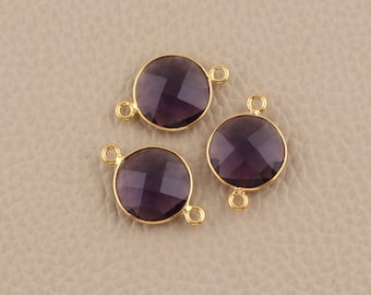 Purple Amethyst Bezel Connector - Linking Station Bezels - 12mm Checker Gem Links Round Connectors - Gold Polished Bezel Jewelry (BR12D)