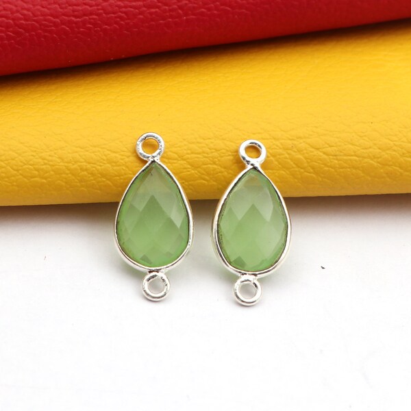 Pear Shape Prehnite Gemstone Bezel Connectors, Silver Plated Connectors, 8x11 mm Pear Double Big Bal Making Jewelry (CDBS-258)