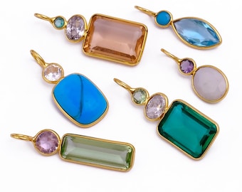 Turquoise, Rainbow Moonstone Bezel Pendant, Mixed Shape Bezel Charms with cz, DIY Gemstone for Earring Necklace Bracelet Supplies.