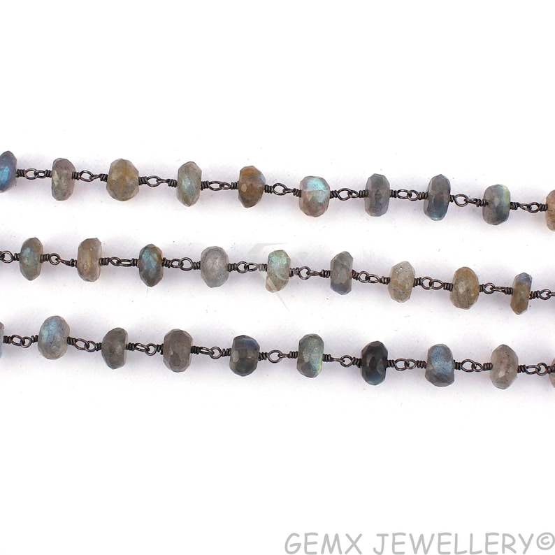 BTC-B29 Natural Labradorite Rondelle Beads Rosary Chain,6-7mm Black Plated Wire Wrapped link Stone Rosary Jewelry Making Chain