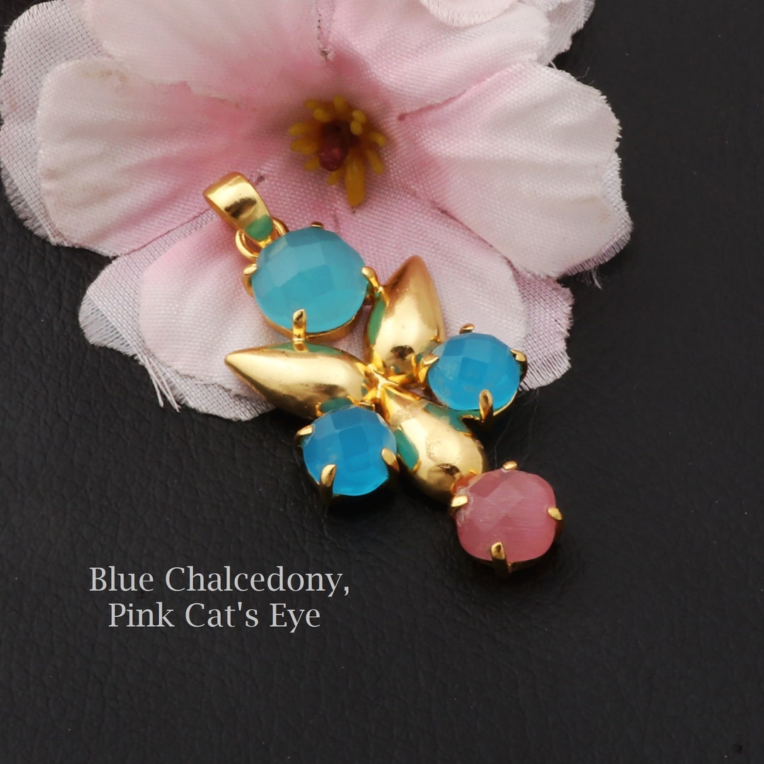 Pendentif Poire Améthyste Et Calcédoine Rose Plaqué Or - 25mm - Pour Création Bijoux - Neuf Fait Main