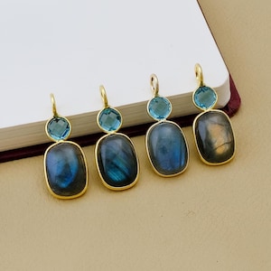 Labradorite Smooth Oval Bezel Pendant, Sky Blue Topaz Gemstones Charms, Handmade Gold Bezel Jewelry for Earring Component 5679
