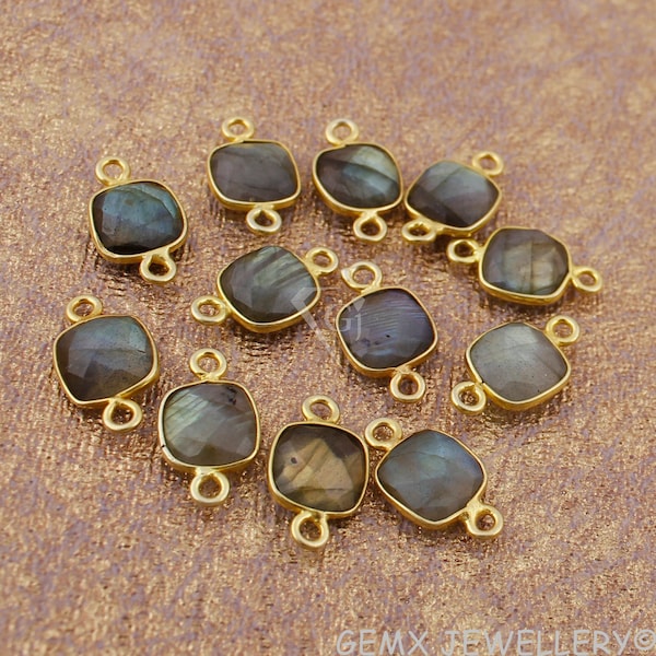 Natural Flashy Labradorite Checker Cut Gemstone, 8 mm Cushion Shape Gold Plated Bezel Connectors (CDBG-57)