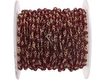 Chaîne de chapelet de pierres précieuses hydro grenat rouge, rondelles de 3-4 mm, chaîne de chapelet enroulée de fil, chaîne de perles plaqué or. (HRCG-36)