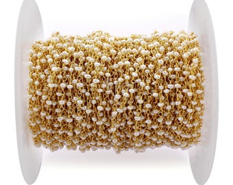 Fresh Water Pearl Rondelle Beads Rosary Chain, 2-2.5mm Gold Plated Wire Wrapped Rosary Chain, Beads Chain, Gemstone Chain Supplies (RCG-46)