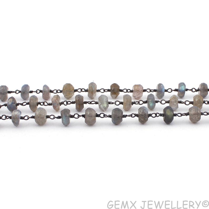 BTC-B29 Natural Labradorite Rondelle Beads Rosary Chain,6-7mm Black Plated Wire Wrapped link Stone Rosary Jewelry Making Chain