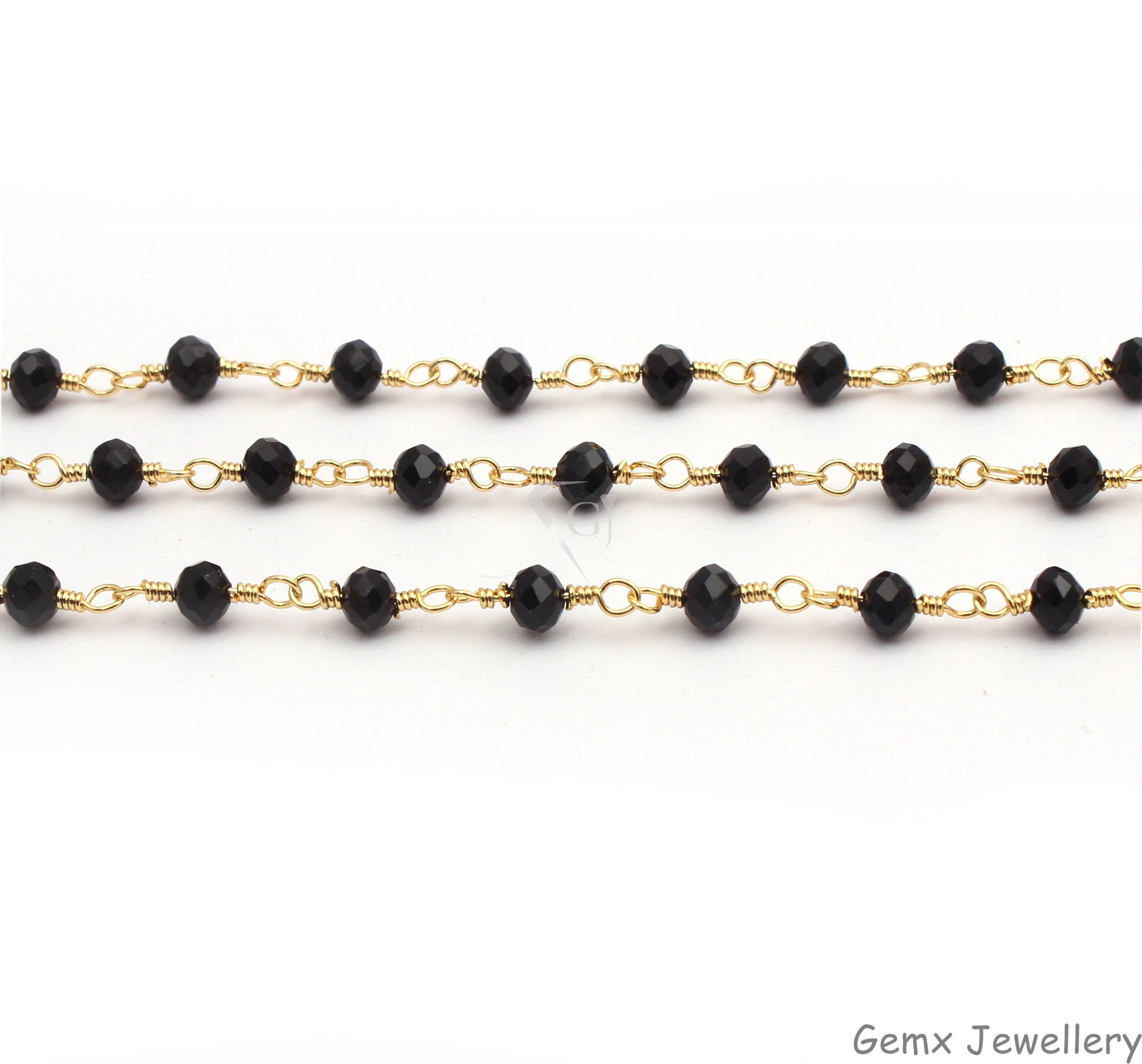 ブラックオニキスロザリオチェーン：金メッキ、3～4 mmロンデル