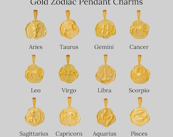 May include: Gold zodiac pendant charms featuring the twelve signs of the zodiac: Aries, Taurus, Gemini, Cancer, Leo, Virgo, Libra, Scorpio, Sagittarius, Capricorn, Aquarius, and Pisces.