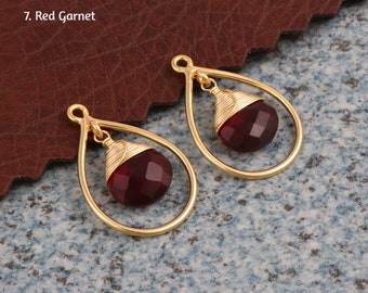 Faceted Cut Heart Gemstone Earrings Connector, Gold Plated Wire Wrapped Connectors, Amethyst, Topaz, Fuchsia Gemstone Making Jewelry GJ-1280