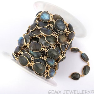Labradorite Gemstone Bezel Continuous Connector Chain, Gold Plated Link Chain, Jewelry Making Chain Wholesale Prices (BZCG-90)