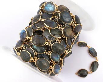Labradorite Gemstone Bezel Continuous Connector Chain, Gold Plated Link Chain, Jewelry Making Chain Wholesale Prices (BZCG-90)