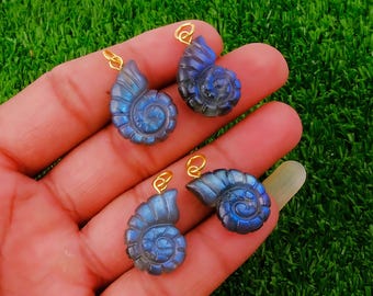 Labradorite Snail Carving Pendant, Blue Flash Gemstone, Hand Carved