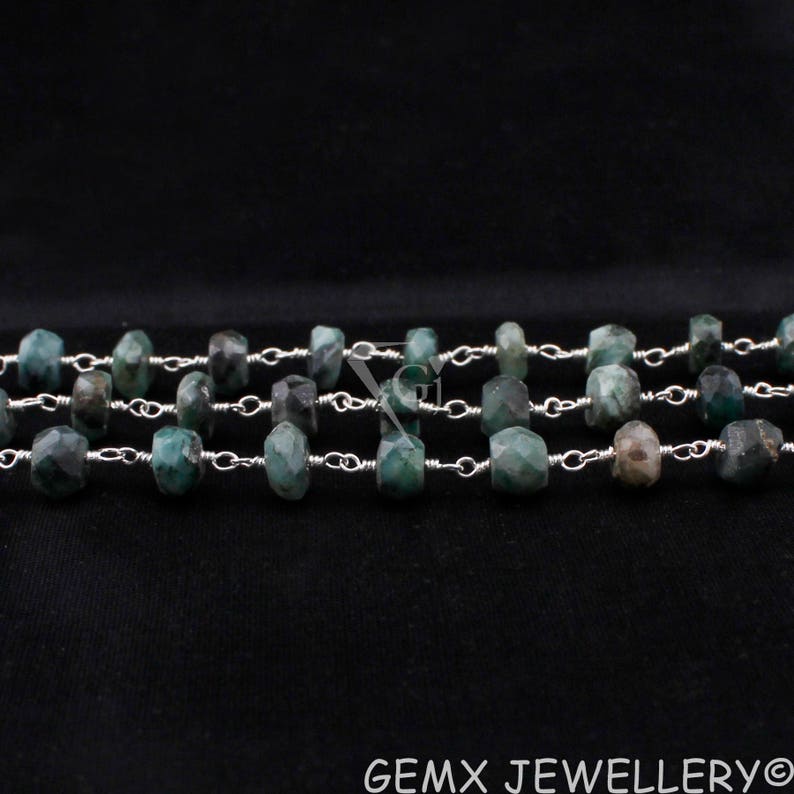 6-7mm Silver Plated Wire Wrapped link Stone Rosary Jewelry Making Chain Wholesale Prices BTC-S04 Emerald Rondelle Faceted Rosary Chain