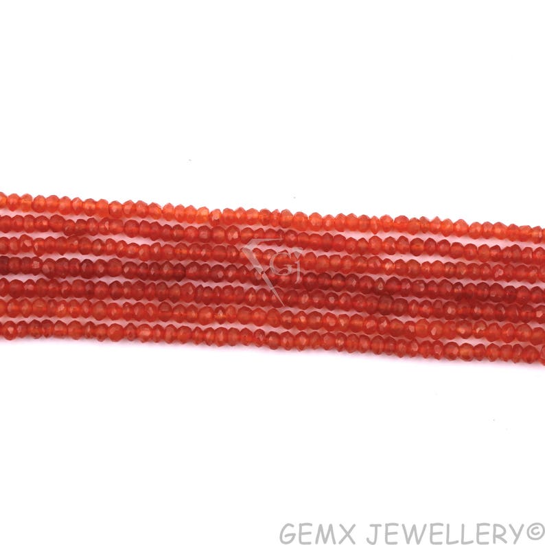 3-4mm Micro Faceted Gemstone Beads 13 Inches Long. BDS3-16 Carnelian Rondelle Beads