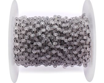 Chaîne de chapelet de perles de rondelle de quartz de cristal, chaîne de chapelet enveloppée de fil plaqué noir de 3 à 4 mm, chaîne de perles, chaîne de pierres précieuses. (RCB-30)