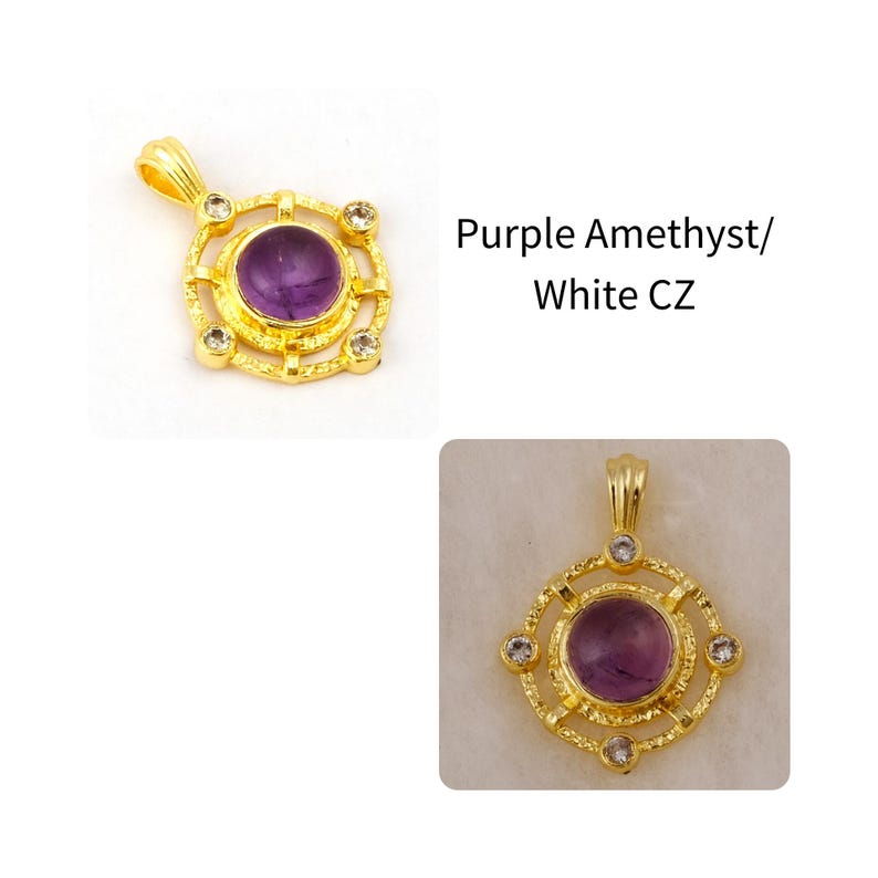 May include: A gold-colored pendant with a round, purple amethyst center stone and four white CZ stones. The pendant has a decorative, openwork design and a loop for a chain. The text "Purple Amethyst/ White CZ" is visible.
