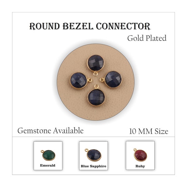 Mix Gemstone Connector Bezel - Checker Cut 10 mm Connector Bezel - Single Bail Round Bezel - Gold Bezel Set Connector for Jewelry  (BR10S)