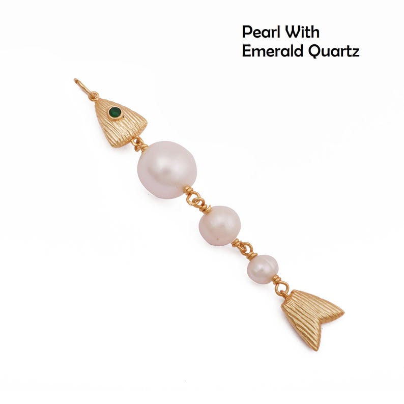 Baroque Pearl Fish Bone Pendant, Gold-Tone Mermaidcore Charm, Ocean Jewelry Making Supplies Pearl / Emerald