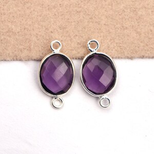 Amethyst Oval Connector, Silver Plated Double Bail, Birthstone Jewelry