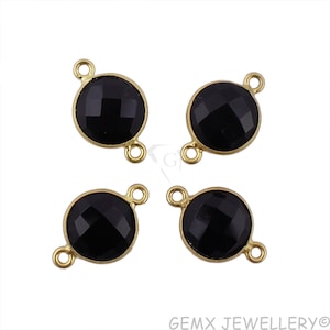Black Onyx Gemstone Connector, 10mm Round Shape Gold Plated Bezel Connectors (CDBG-99)