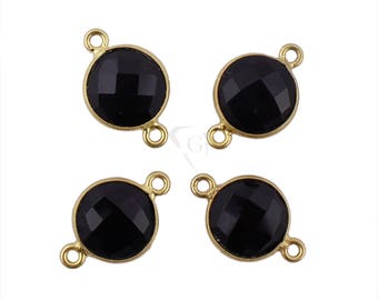 Black Onyx Gemstone Connector, 10mm Round Shape Gold Plated Bezel Connectors (CDBG-99)