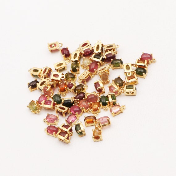 4x6 MM Multi Tourmaline Gemstone Prong Connector Gold Plated Charm Oval  Shape Connector Cabochon Gemstone Making Jewelry (GJ-5800)