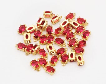 Prong Set Connector Pink Fuchsia Gemstone Cut Stone Connector Gold Plated Oval Connectors Handmade Jewelry (GJ-5790)