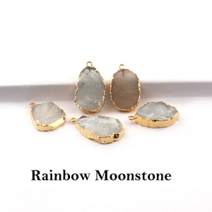 Gold Electroplated Rainbow Moonstone Pendant: Raw Crystal Slice Charm