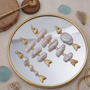 Baroque Pearl Fish Bone Pendant, Gold-Tone Mermaidcore Charm, Ocean Jewelry Making Supplies image 1