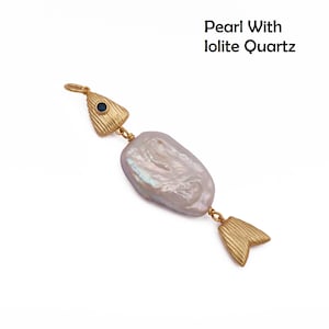 Baroque Pearl Fish Bone Pendant, Gold-Tone Mermaidcore Charm, Ocean Jewelry Making Supplies Pearl /Iolite