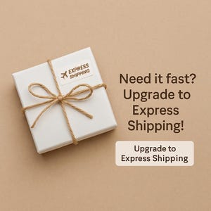 Puede incluir: Una caja de regalo blanca atada con hilo, con una pegatina que dice "EXPRESS SHIPPING". El texto "¿Lo necesitas rápido? ¡Actualiza a Envío Express!" se muestra junto a la caja, con un botón que dice "Actualizar a Envío Express".