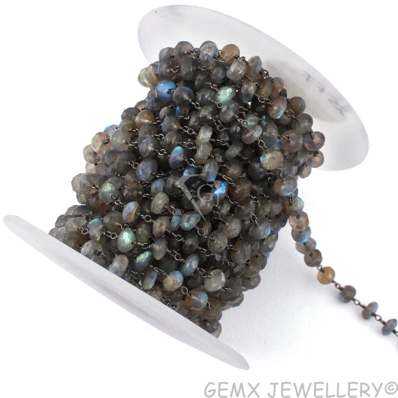 BTC-B29 Natural Labradorite Rondelle Beads Rosary Chain,6-7mm Black Plated Wire Wrapped link Stone Rosary Jewelry Making Chain