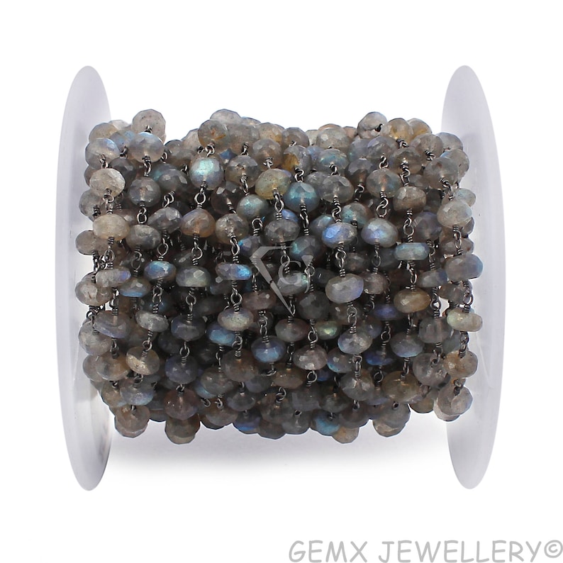 BTC-B29 Natural Labradorite Rondelle Beads Rosary Chain,6-7mm Black Plated Wire Wrapped link Stone Rosary Jewelry Making Chain