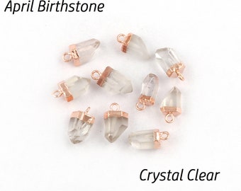 April Birthstone Crystal Quartz Rose Gold Gemstone Charms, Handmade Raw Charms Pendant Connector, GJ-1132