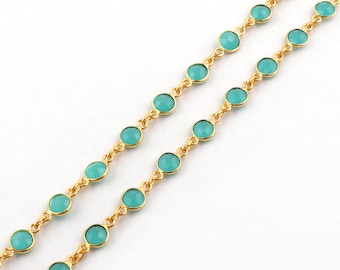 Aqua Chalcedony Bezel Chain - 6mm Round Gemstone Connector Chain - 18k Gold Plated Rosary Chain for Jewelry Making, DIY Necklace Chain 1745