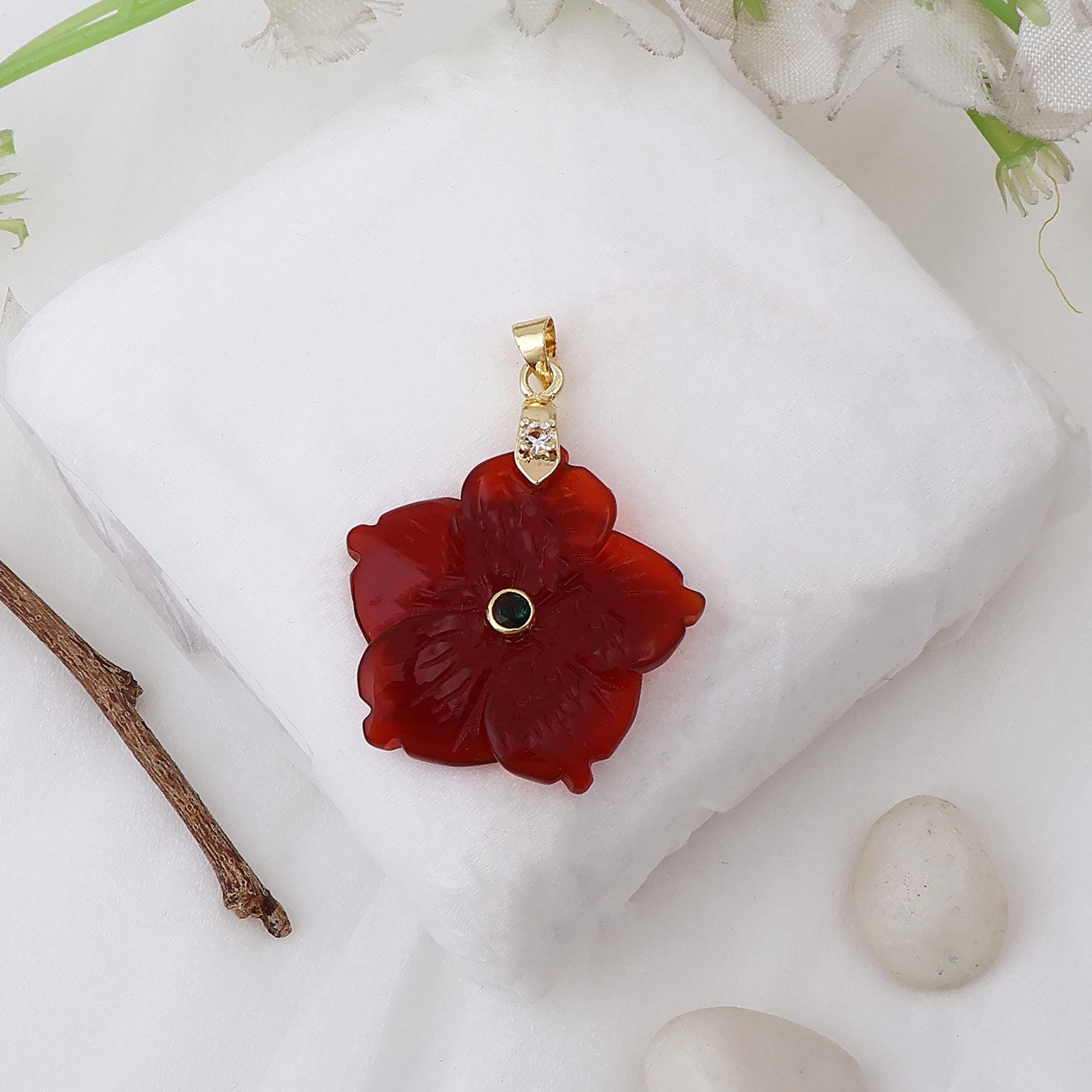 Carved Gemstone Flower Pendant, CZ Gold Bail, Boho Hibiscus Charm
