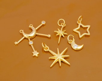 Gold Celestial Charm Set – Moon, Star Pendants, DIY Jewelry Making