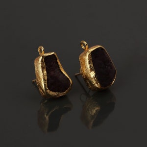Rough Dyed Ruby Gemstone Stud Earrings, Texture Gold Plated Components Pairs, Raw Gemstone Charms, July Birthstone Stud Finding Pair B-11660