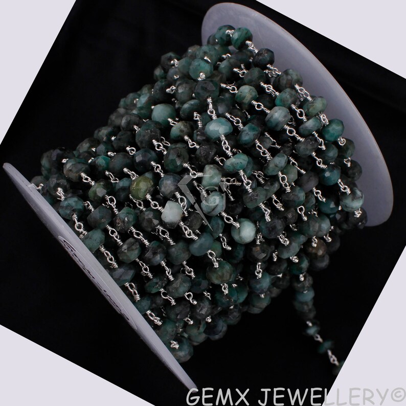 6-7mm Silver Plated Wire Wrapped link Stone Rosary Jewelry Making Chain Wholesale Prices BTC-S04 Emerald Rondelle Faceted Rosary Chain
