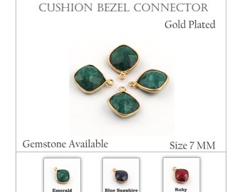Conector de bisel con piedras preciosas bañadas en oro: cojín de 7 mm, asa única