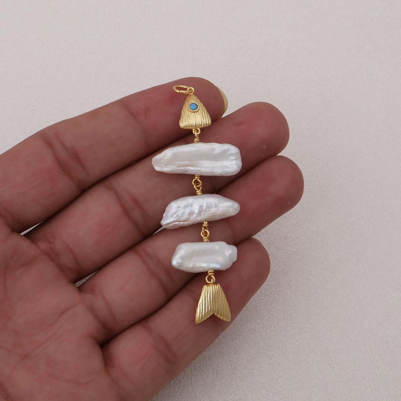 Baroque Pearl Fish Bone Pendant, Gold-Tone Mermaidcore Charm, Ocean Jewelry Making Supplies image 11