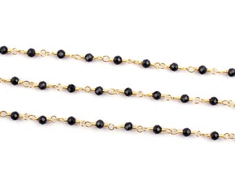 Black Onyx Rondelle Rosary Chain: Gold Plated Wire Wrapped Gemstone Beads