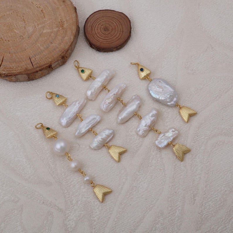 Baroque Pearl Fish Bone Pendant, Gold-Tone Mermaidcore Charm, Ocean Jewelry Making Supplies image 13