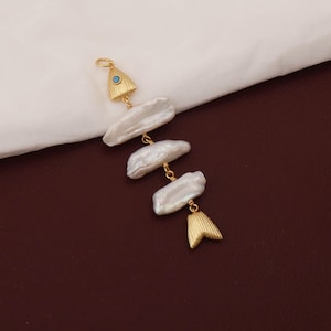 Baroque Pearl Fish Bone Pendant, Gold-Tone Mermaidcore Charm, Ocean Jewelry Making Supplies image 12